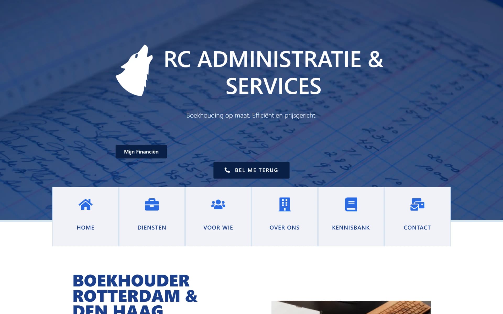 RC Administratie & Services: website voor een belastingkantoor in Rotterdam met directe contactknoppen en duidelijke structuur