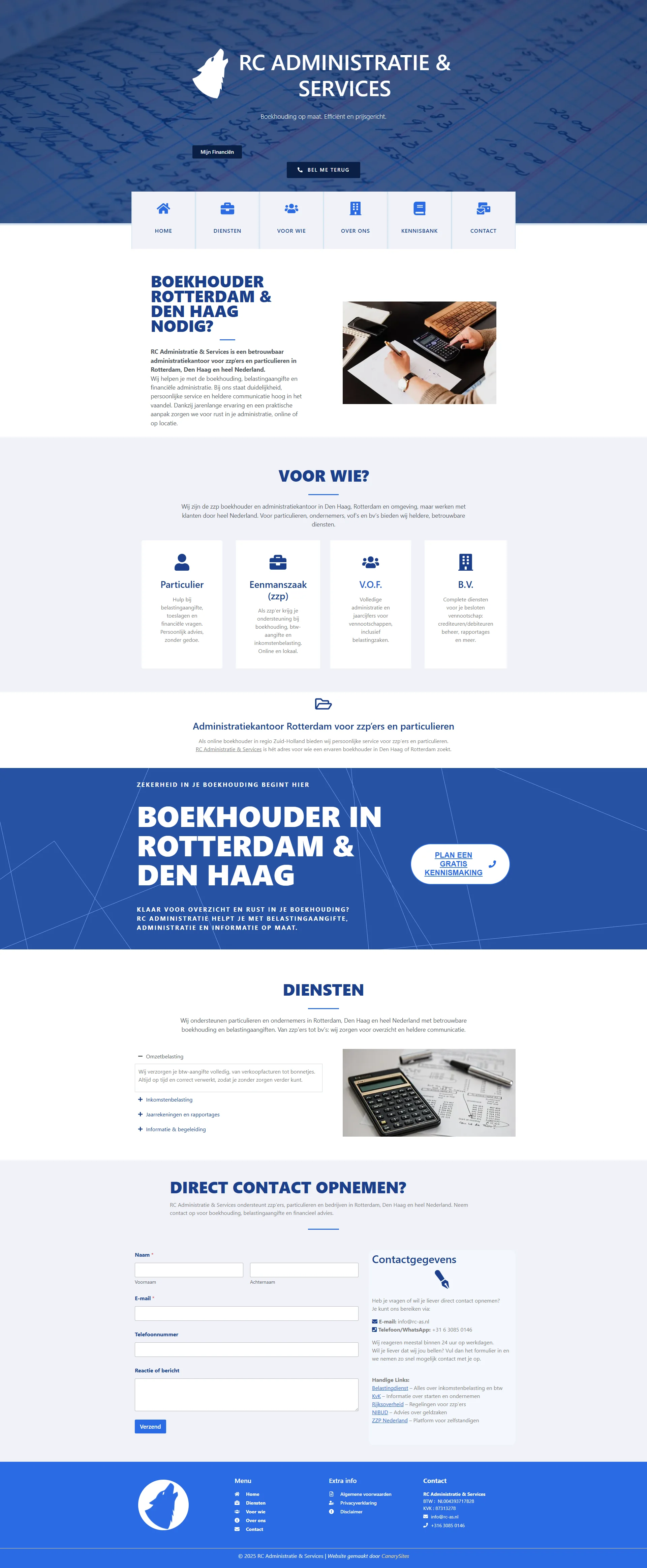 RC Administratie & Services: website voor een belastingkantoor in Rotterdam met directe contactknoppen en duidelijke structuur