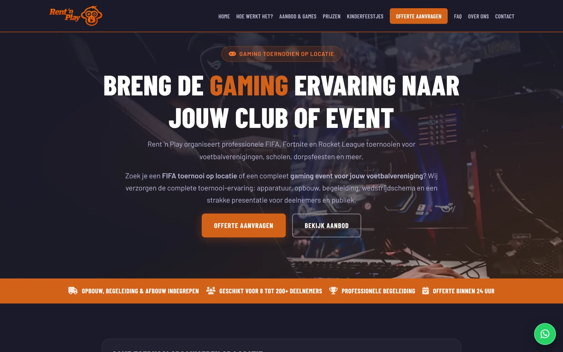 Rent 'n Play: website voor een gamingverhuurservice met pakketoverzicht en prijzen voor clubs en evenementen