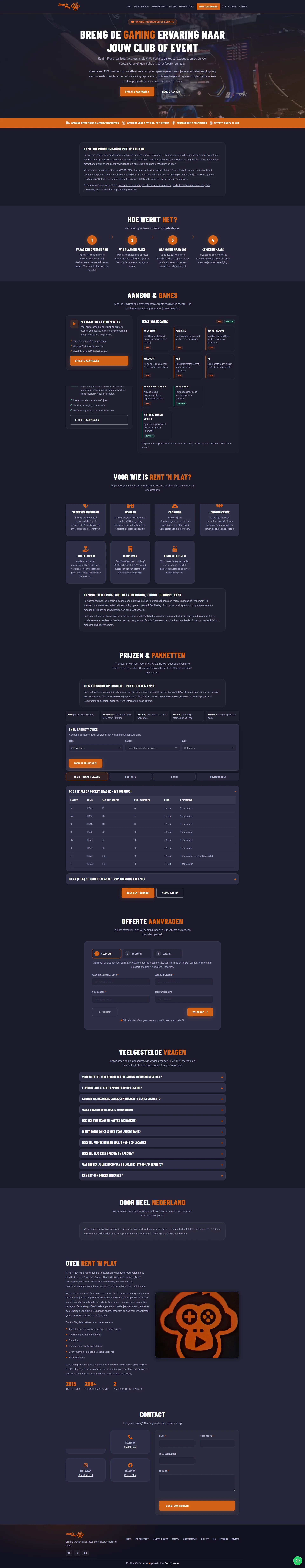 Rent 'n Play: website voor een gamingverhuurservice met pakketoverzicht en prijzen voor clubs en evenementen