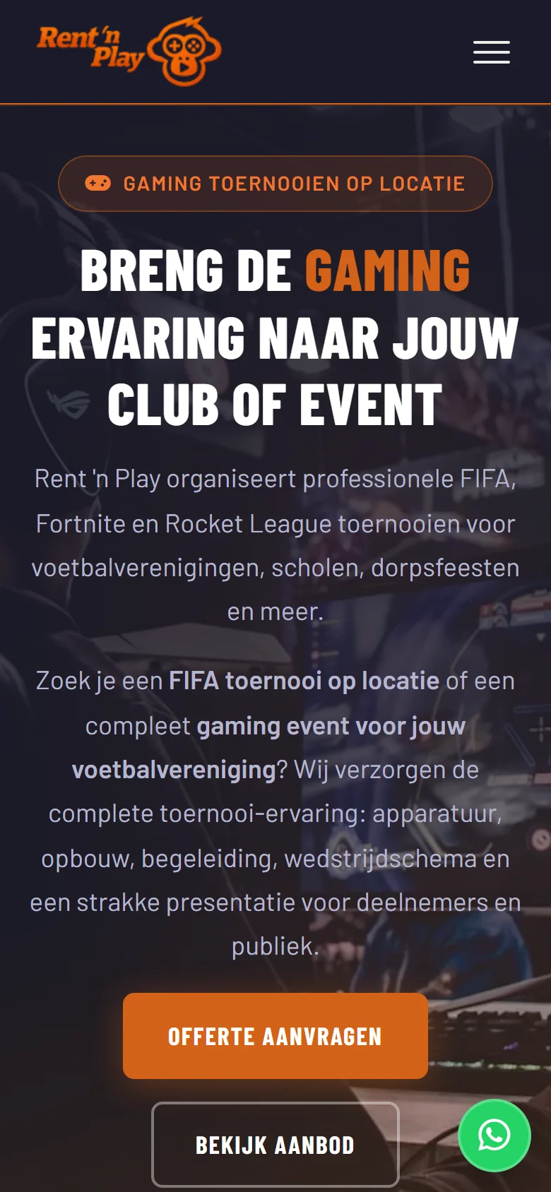 Rent 'n Play: website voor een gamingverhuurservice met pakketoverzicht en prijzen voor clubs en evenementen