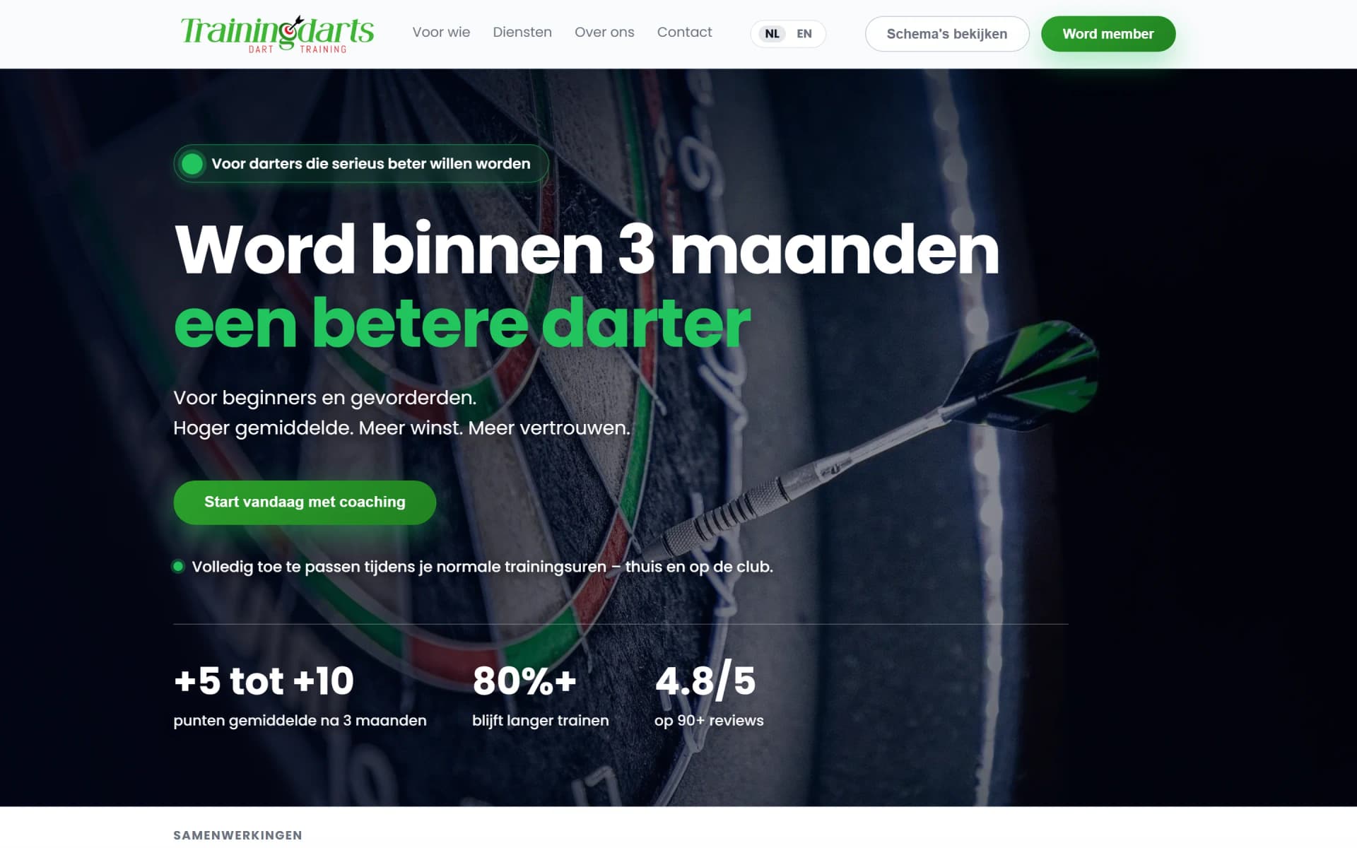 TrainingDarts.com: homepage van een tweetalige website voor een dartscoach, met coachingpakketten en trainingplannen