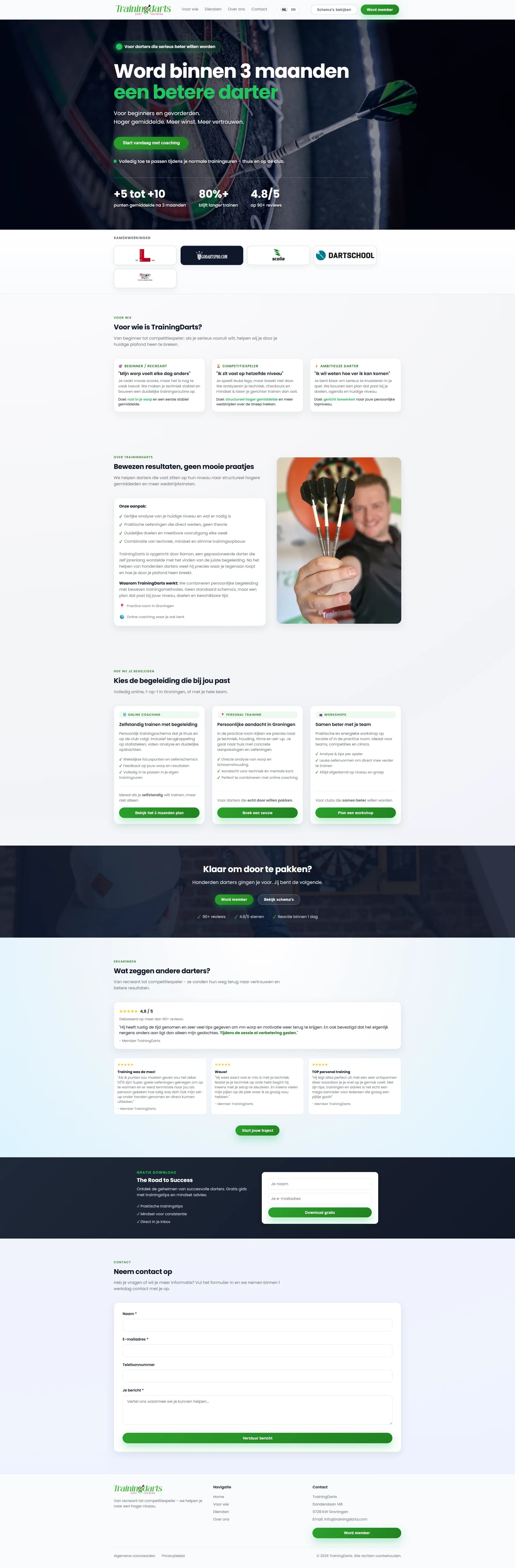 TrainingDarts.com: homepage van een tweetalige website voor een dartscoach, met coachingpakketten en trainingplannen
