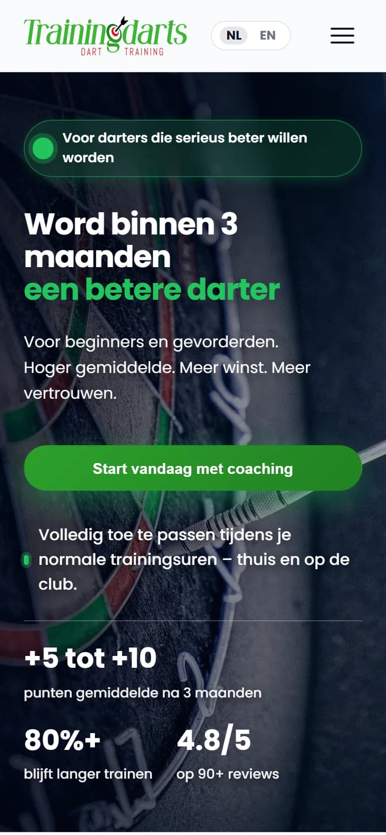 TrainingDarts.com: homepage van een tweetalige website voor een dartscoach, met coachingpakketten en trainingplannen