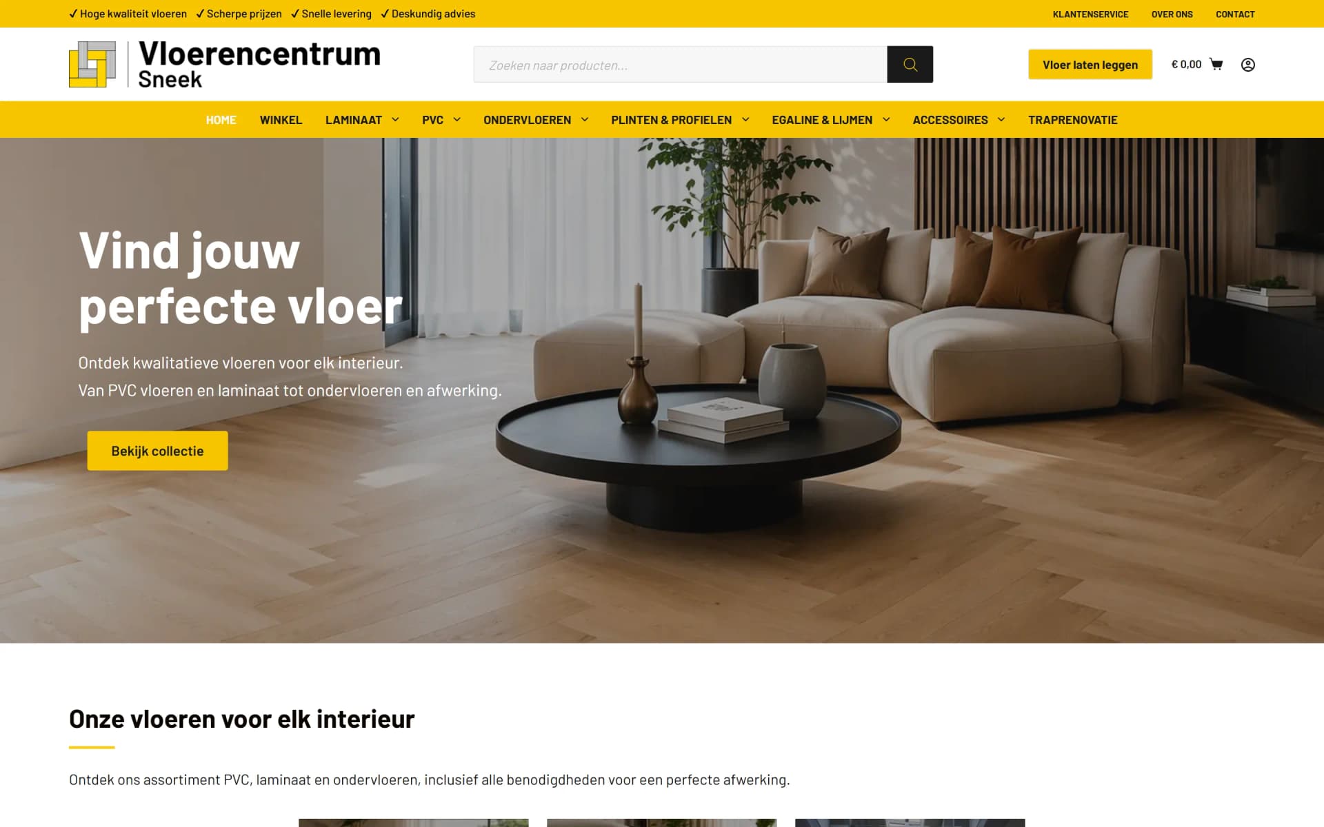 Vloerencentrum Sneek: webshop voor laminaat, PVC en vloeraccessoires met offertemodule, donker modern design