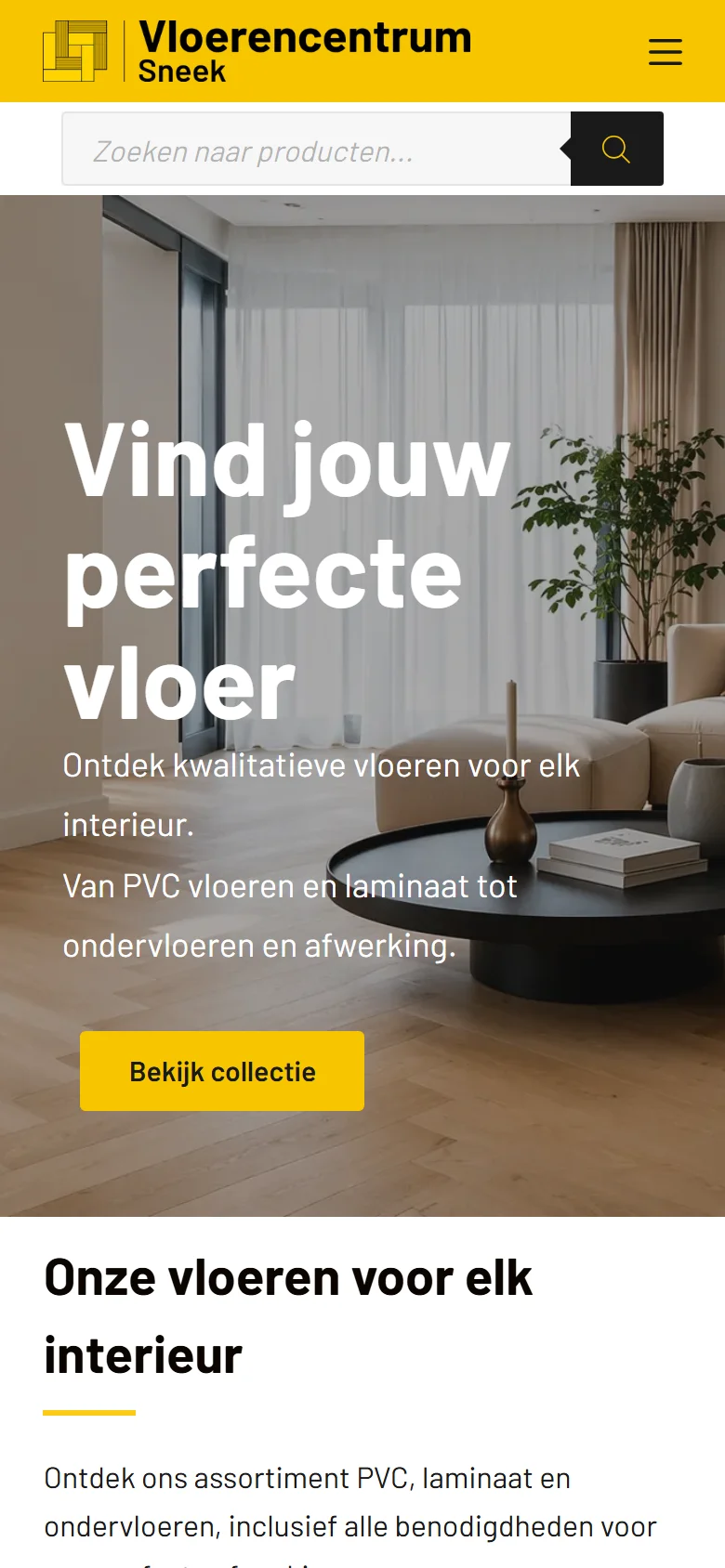 Vloerencentrum Sneek: online shop for laminate and PVC flooring with quote module, modern dark design